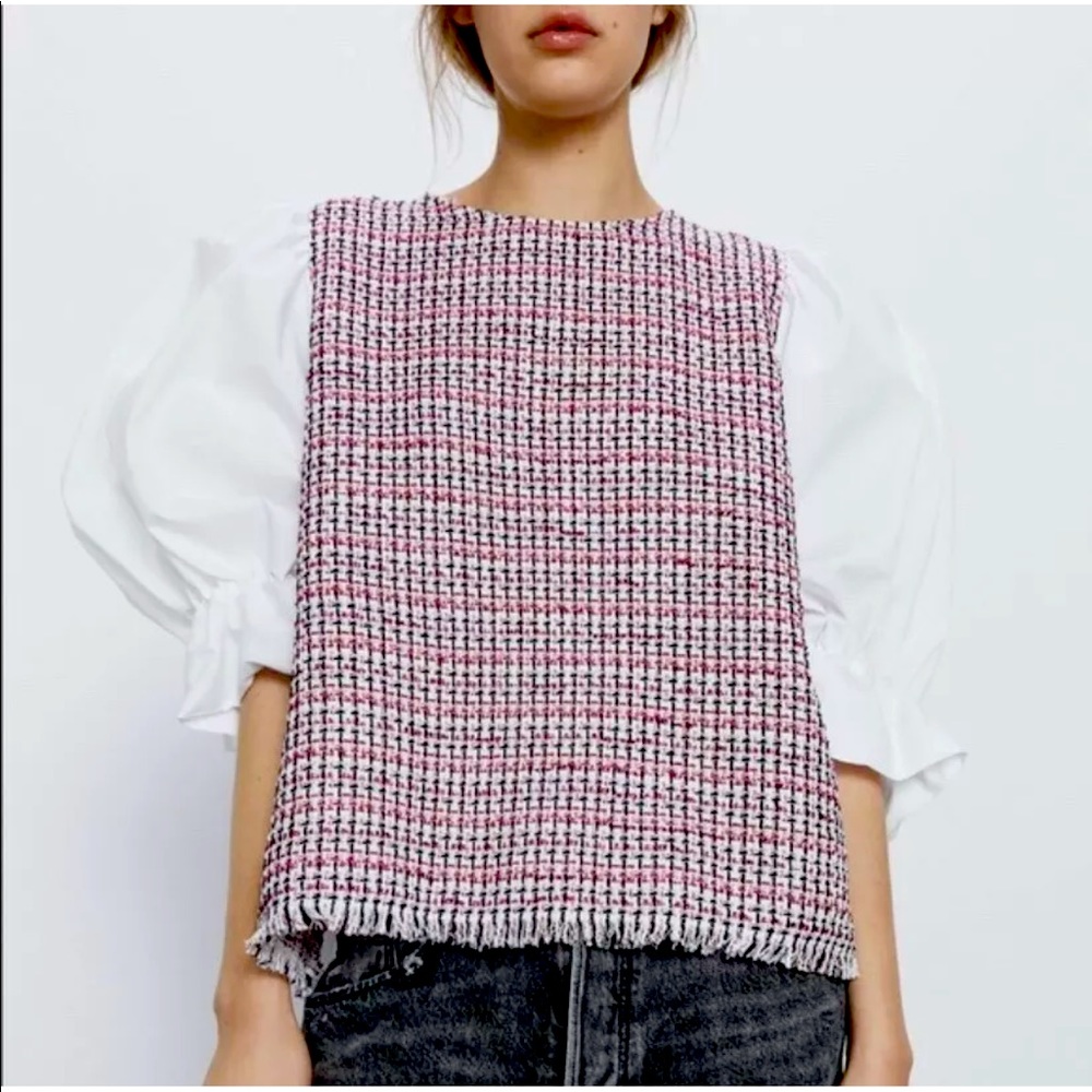 New ZARA Red White Tweed Sleeve Blouse Cotton Top Women's Size S Small.